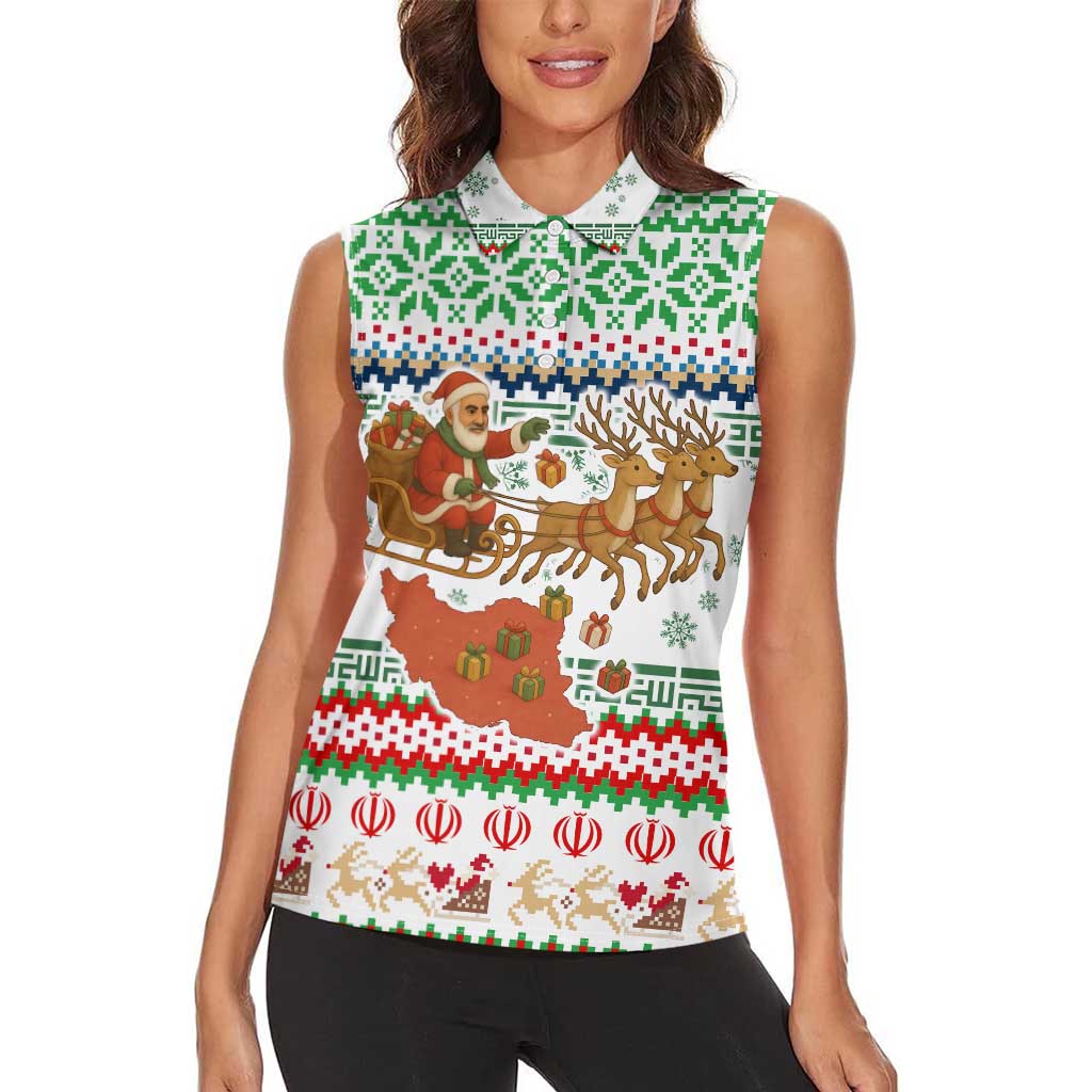 Iran Christmas Women Sleeveless Polo Shirt with Santa Sleigh Reindeer Map and Green Red Snowflake Pattern - Wonder Print Shop