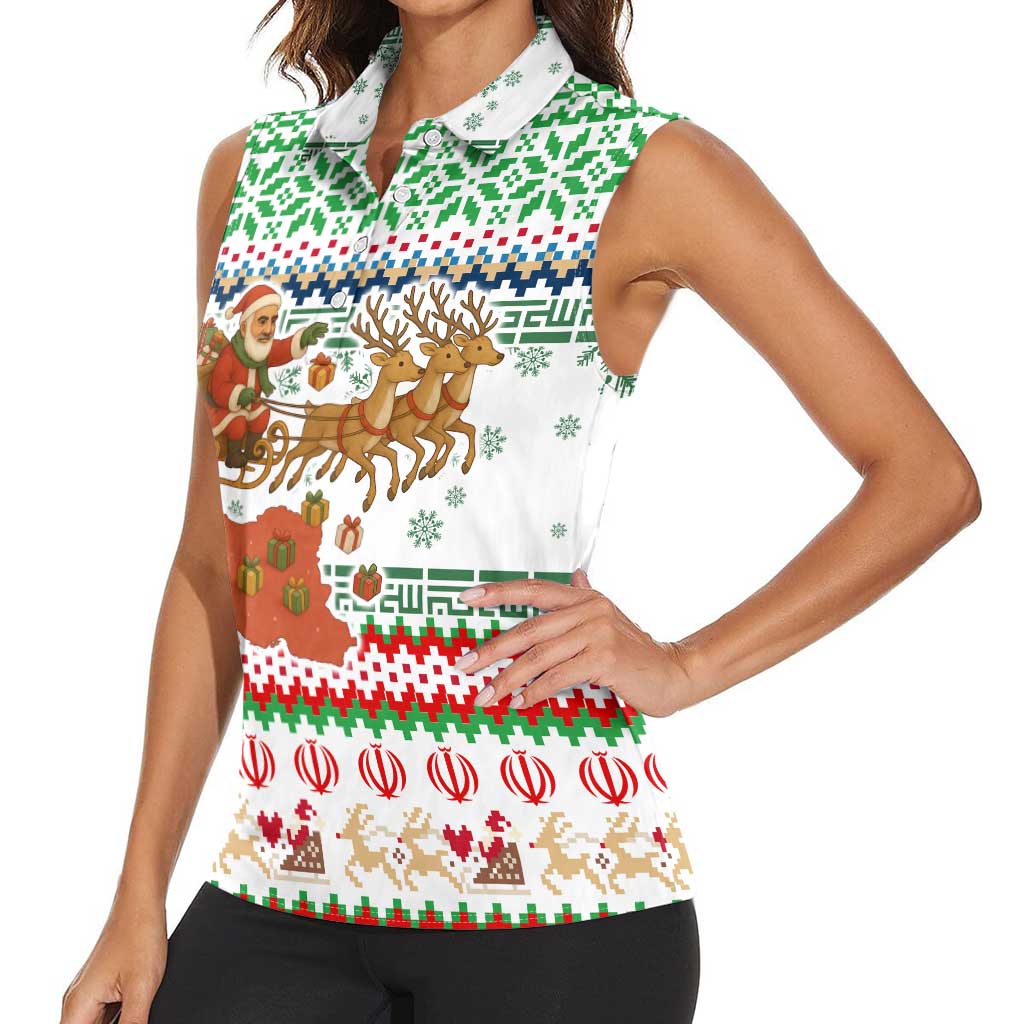 Iran Christmas Women Sleeveless Polo Shirt with Santa Sleigh Reindeer Map and Green Red Snowflake Pattern - Wonder Print Shop