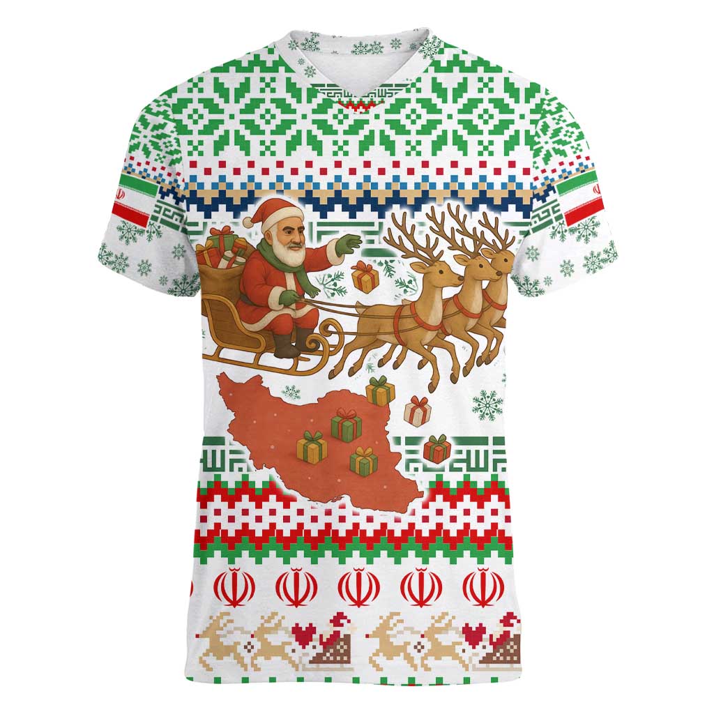 Iran Christmas Women V-Neck T-Shirt with Santa Sleigh Reindeer Map and Green Red Snowflake Pattern - Wonder Print Shop