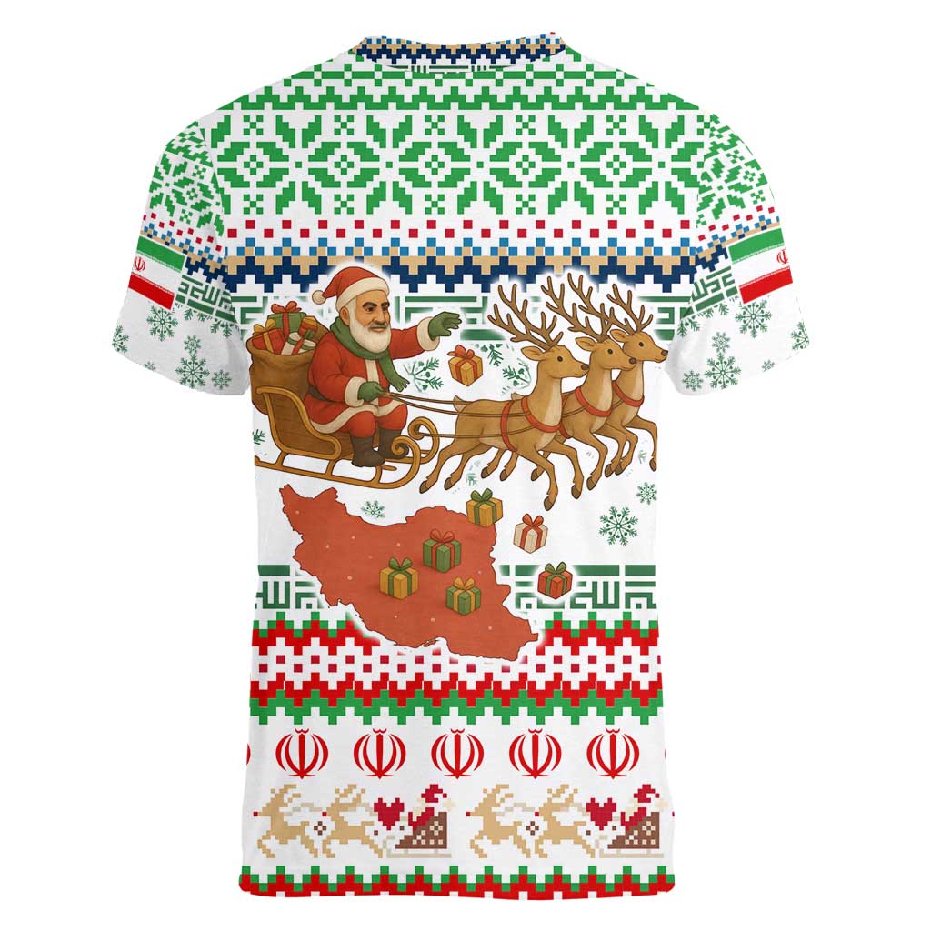 Iran Christmas Women V-Neck T-Shirt with Santa Sleigh Reindeer Map and Green Red Snowflake Pattern - Wonder Print Shop