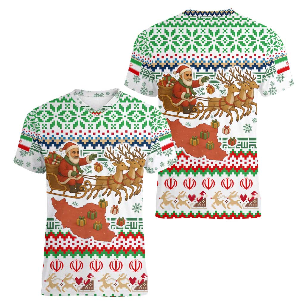 Iran Christmas Women V-Neck T-Shirt with Santa Sleigh Reindeer Map and Green Red Snowflake Pattern - Wonder Print Shop