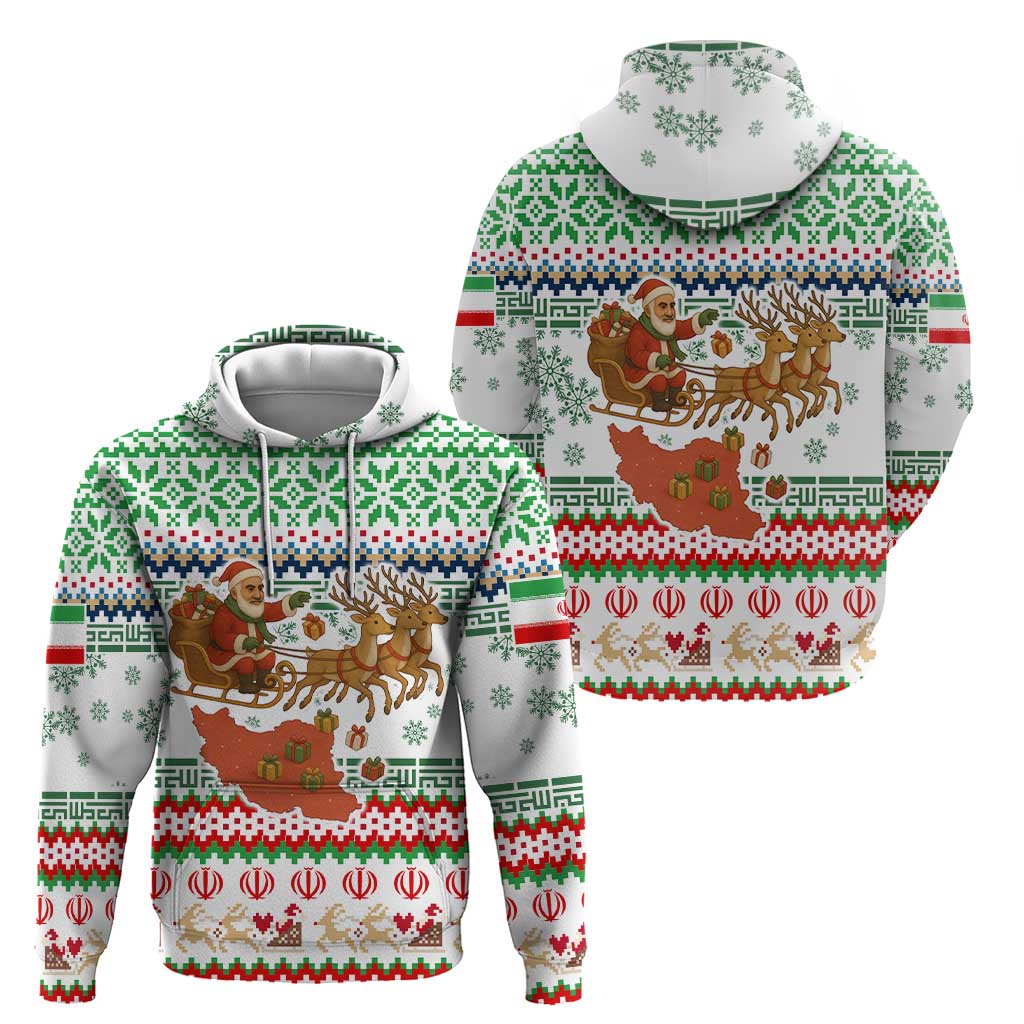 Iran Christmas Zip Hoodie with Santa Sleigh Reindeer Map and Green Red Snowflake Pattern - Wonder Print Shop