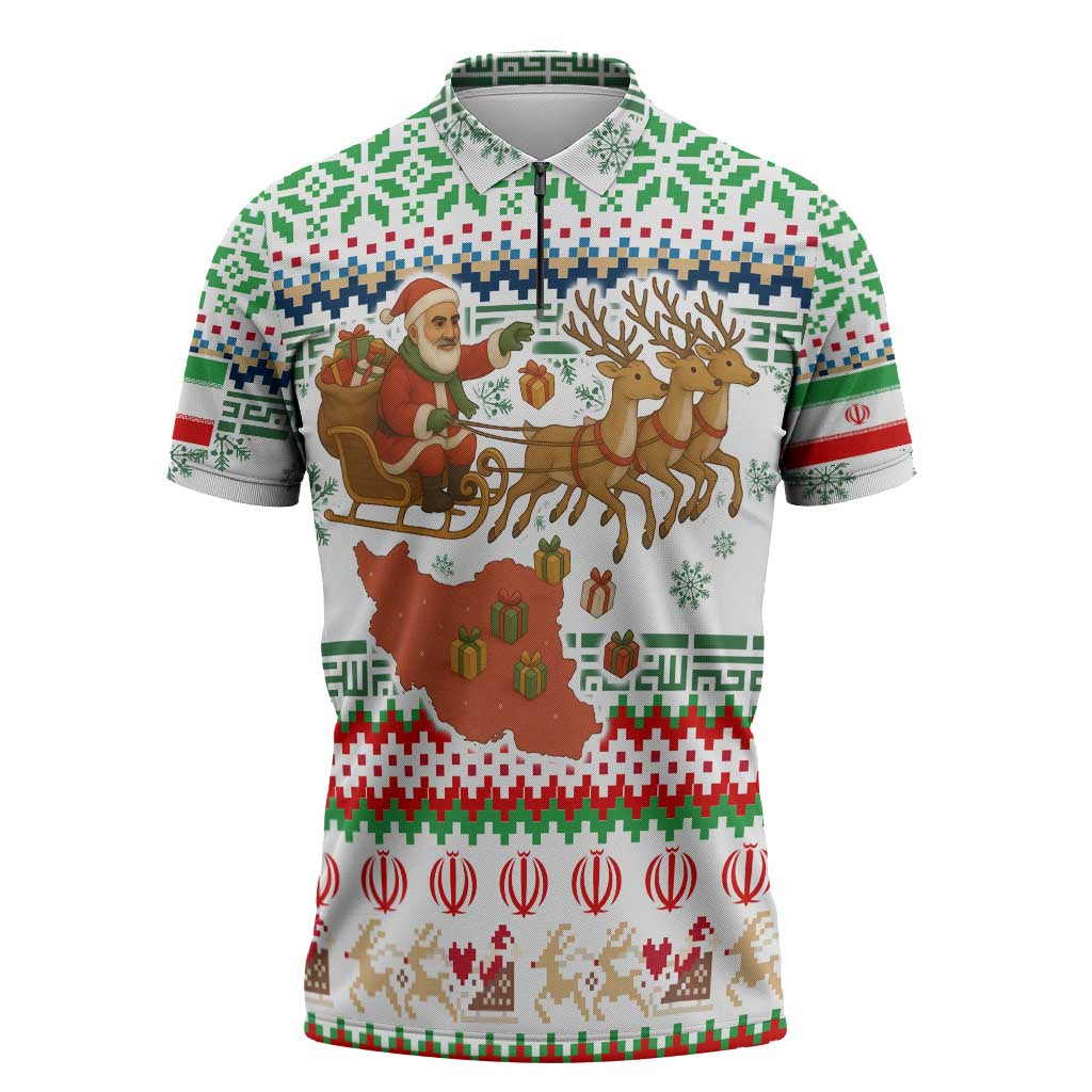 Iran Christmas Zipper Polo Shirt with Santa Sleigh Reindeer Map and Green Red Snowflake Pattern - Wonder Print Shop