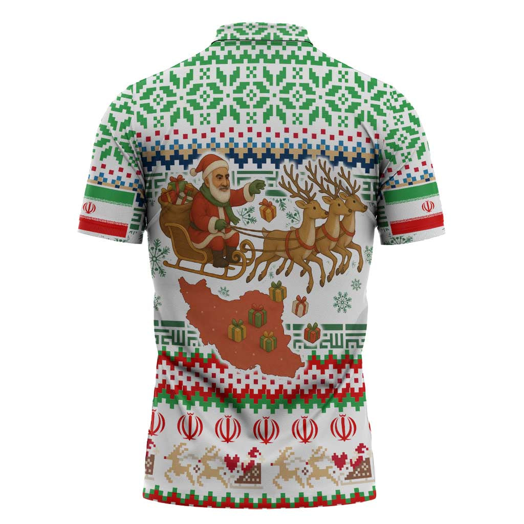 Iran Christmas Zipper Polo Shirt with Santa Sleigh Reindeer Map and Green Red Snowflake Pattern - Wonder Print Shop