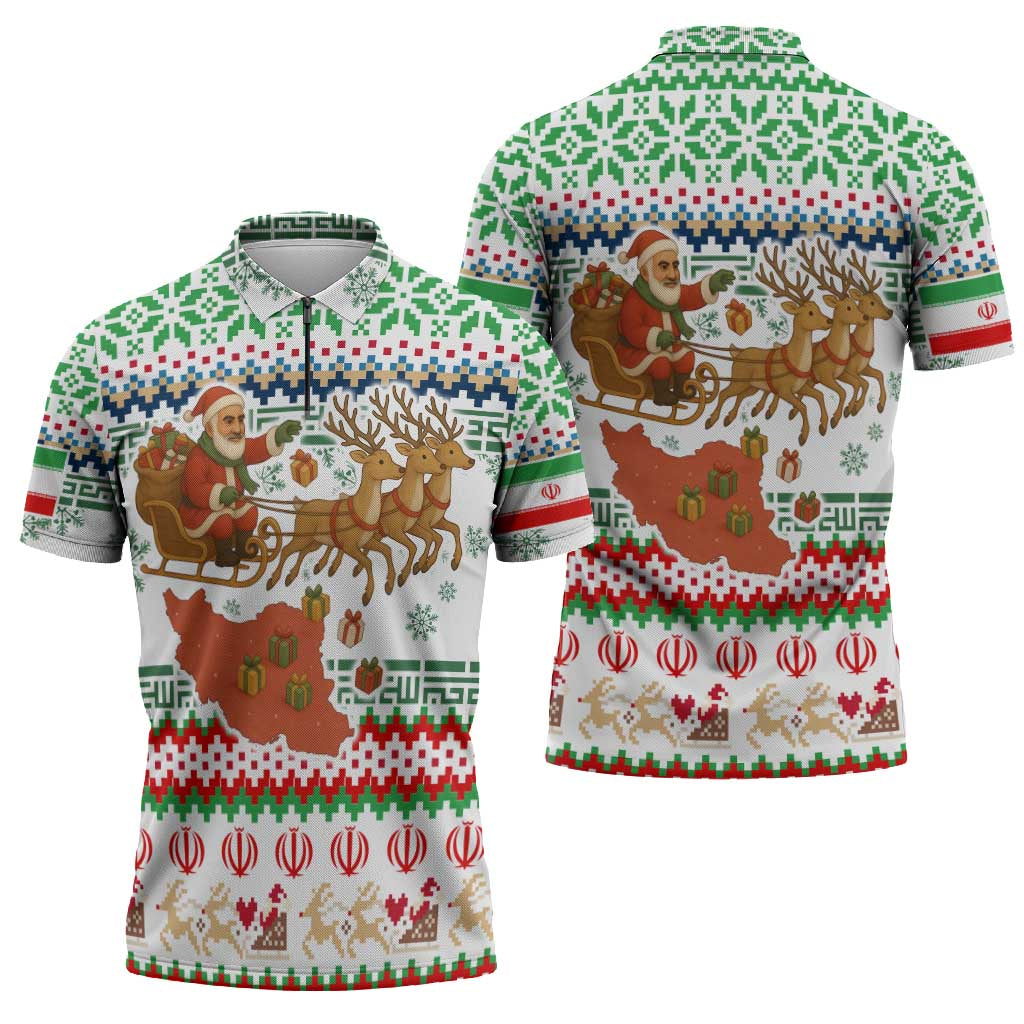 Iran Christmas Zipper Polo Shirt with Santa Sleigh Reindeer Map and Green Red Snowflake Pattern - Wonder Print Shop