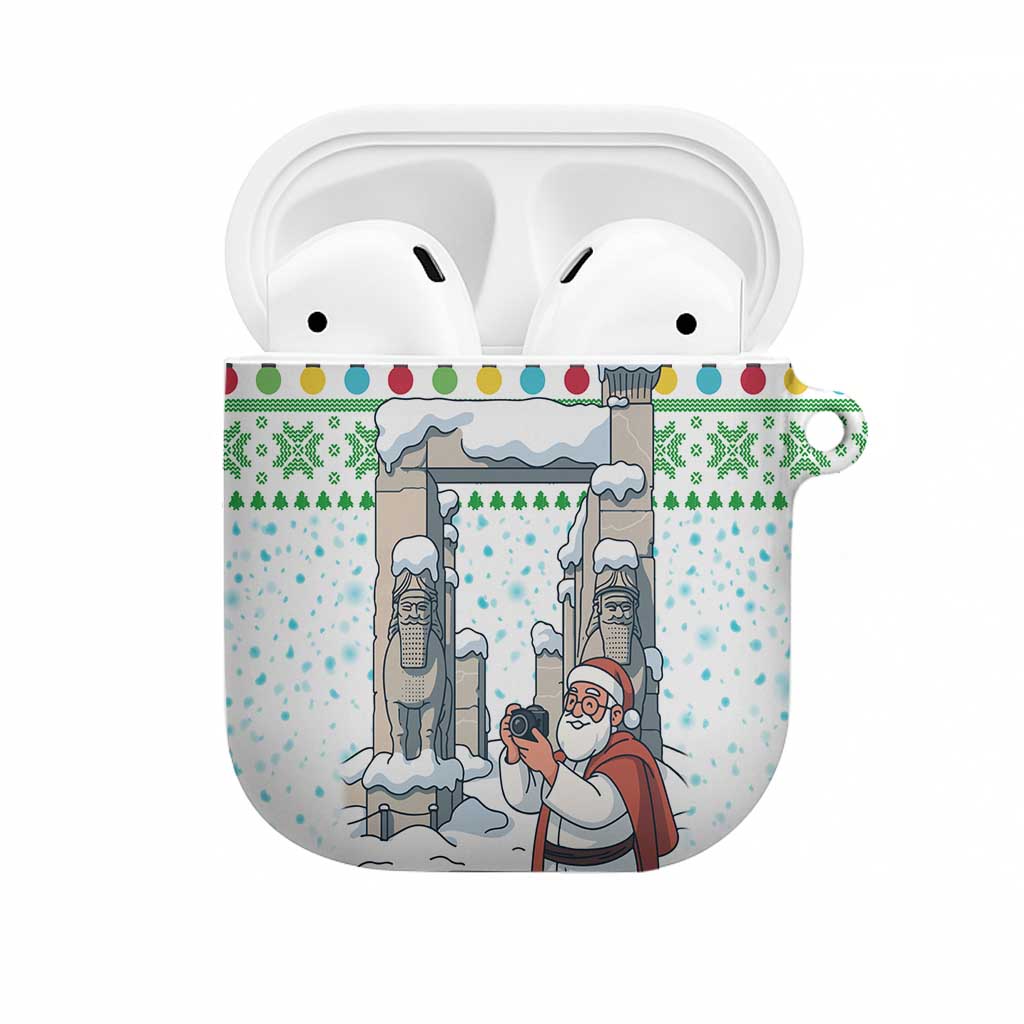 Iran Christmas AirPods Case with Santa Taking Photos Ancient Columns and Snowflake Gift Pattern - Wonder Print Shop