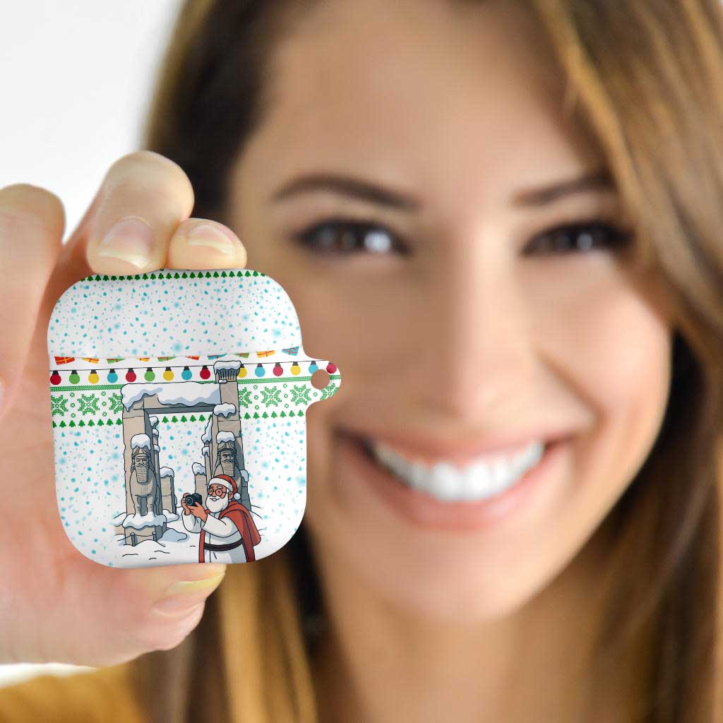 Iran Christmas AirPods Case with Santa Taking Photos Ancient Columns and Snowflake Gift Pattern - Wonder Print Shop