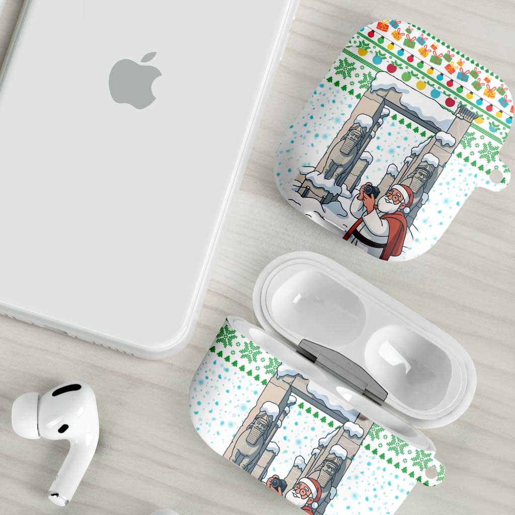 Iran Christmas AirPods Case with Santa Taking Photos Ancient Columns and Snowflake Gift Pattern - Wonder Print Shop