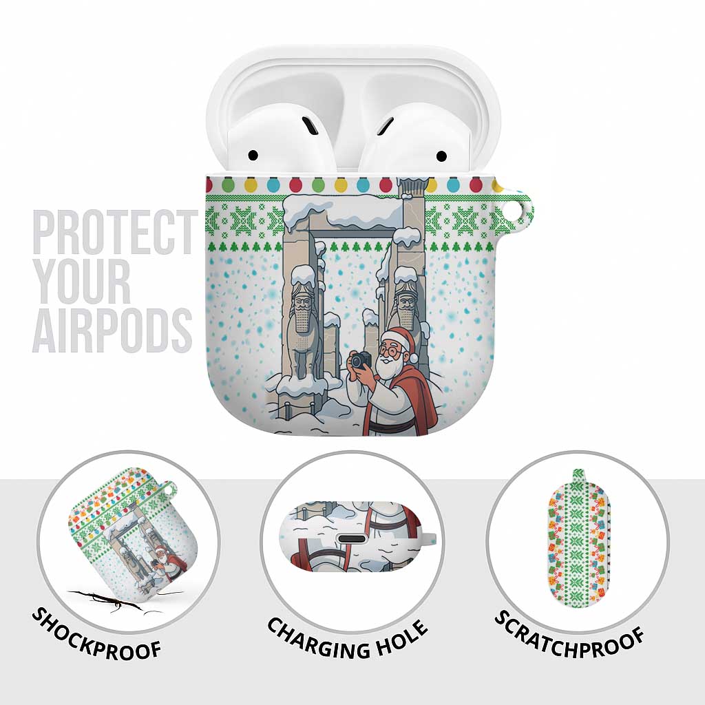 Iran Christmas AirPods Case with Santa Taking Photos Ancient Columns and Snowflake Gift Pattern - Wonder Print Shop