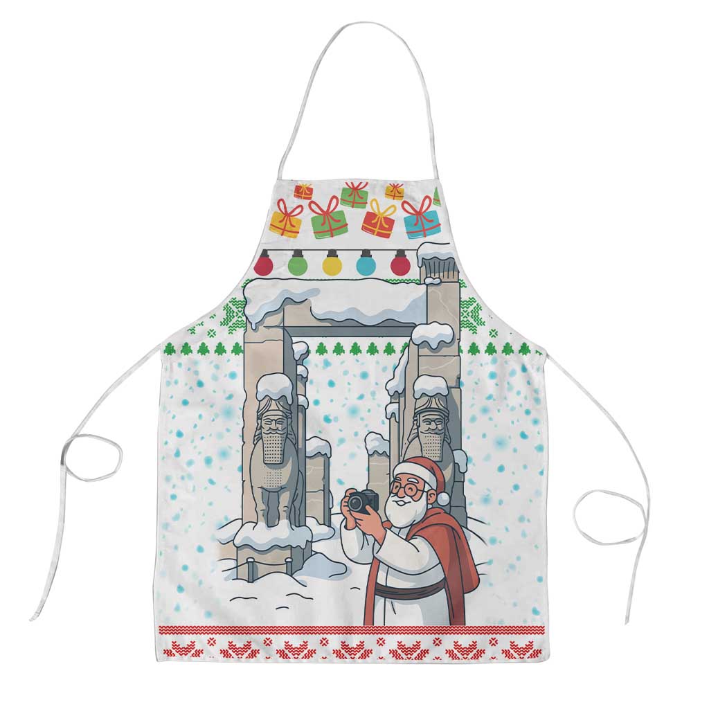 Iran Christmas Apron with Santa Taking Photos Ancient Columns and Snowflake Gift Pattern - Wonder Print Shop