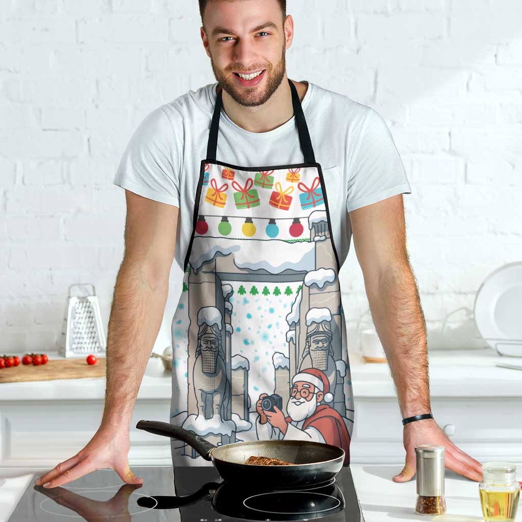 Iran Christmas Apron with Santa Taking Photos Ancient Columns and Snowflake Gift Pattern - Wonder Print Shop