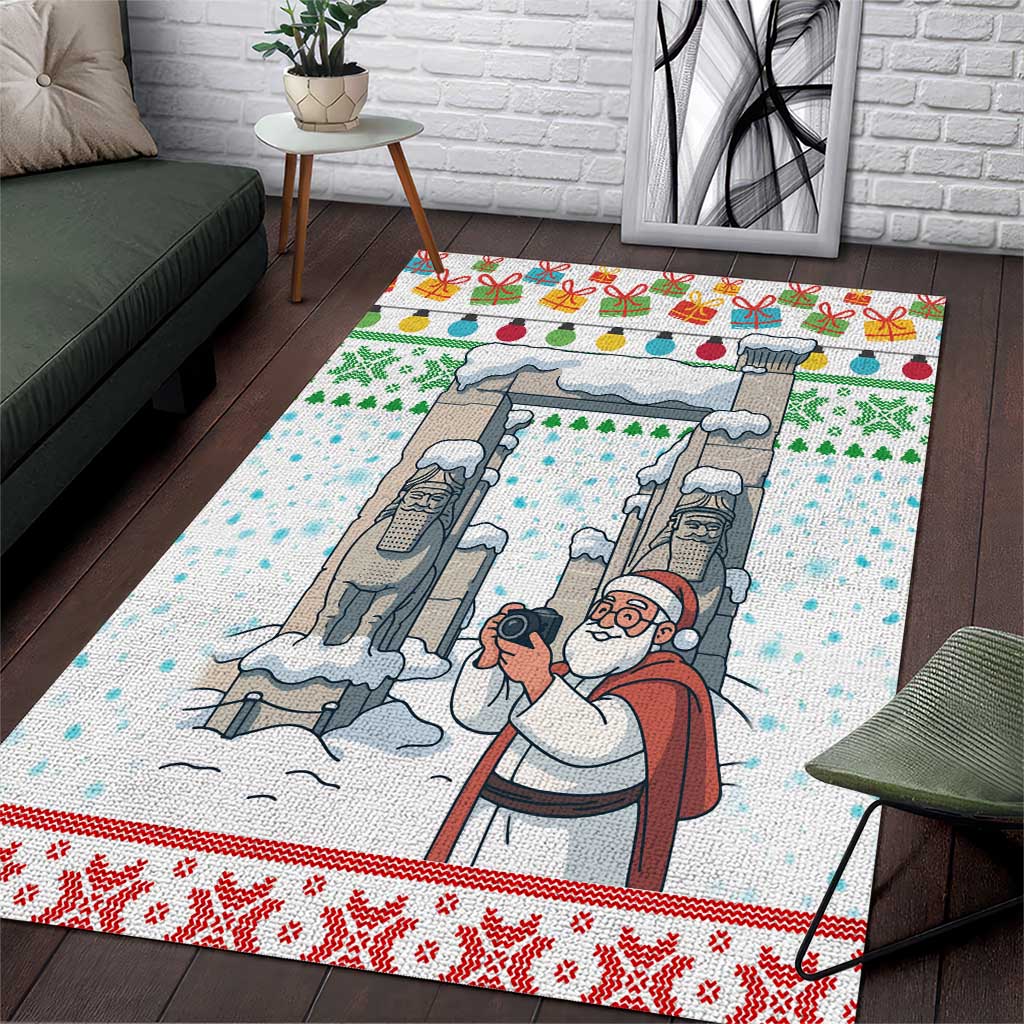 Iran Christmas Area Rug with Santa Taking Photos Ancient Columns and Snowflake Gift Pattern - Wonder Print Shop
