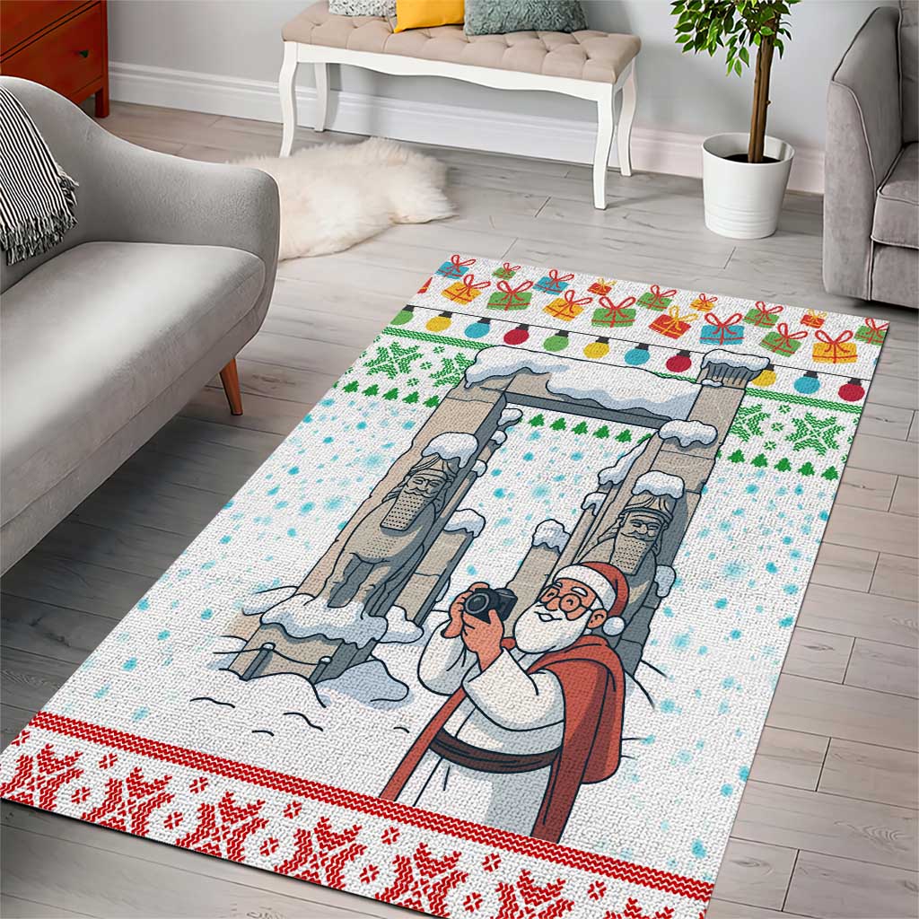 Iran Christmas Area Rug with Santa Taking Photos Ancient Columns and Snowflake Gift Pattern - Wonder Print Shop