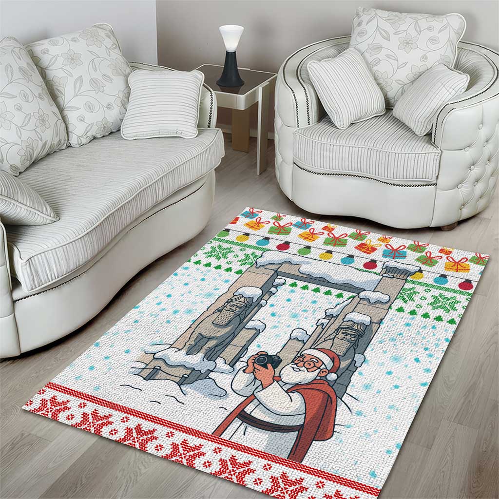 Iran Christmas Area Rug with Santa Taking Photos Ancient Columns and Snowflake Gift Pattern - Wonder Print Shop