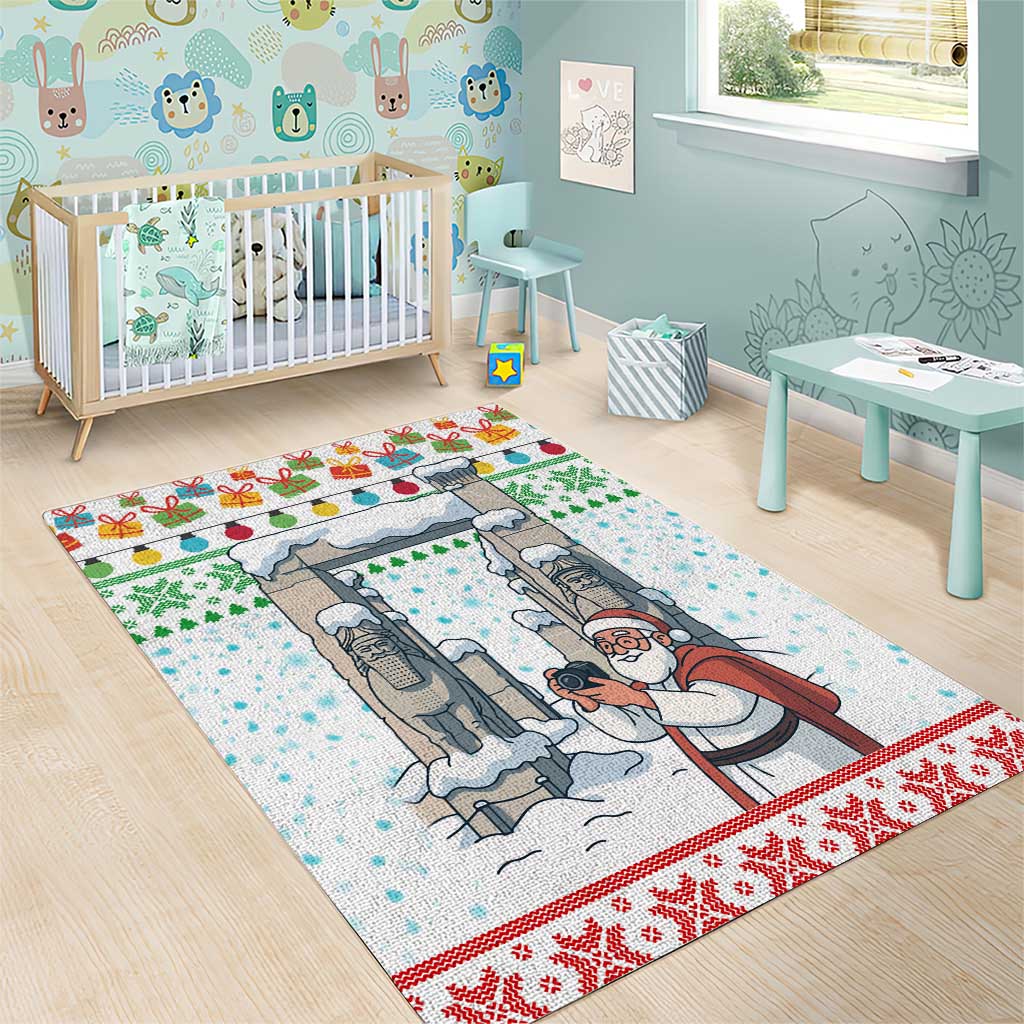 Iran Christmas Area Rug with Santa Taking Photos Ancient Columns and Snowflake Gift Pattern - Wonder Print Shop