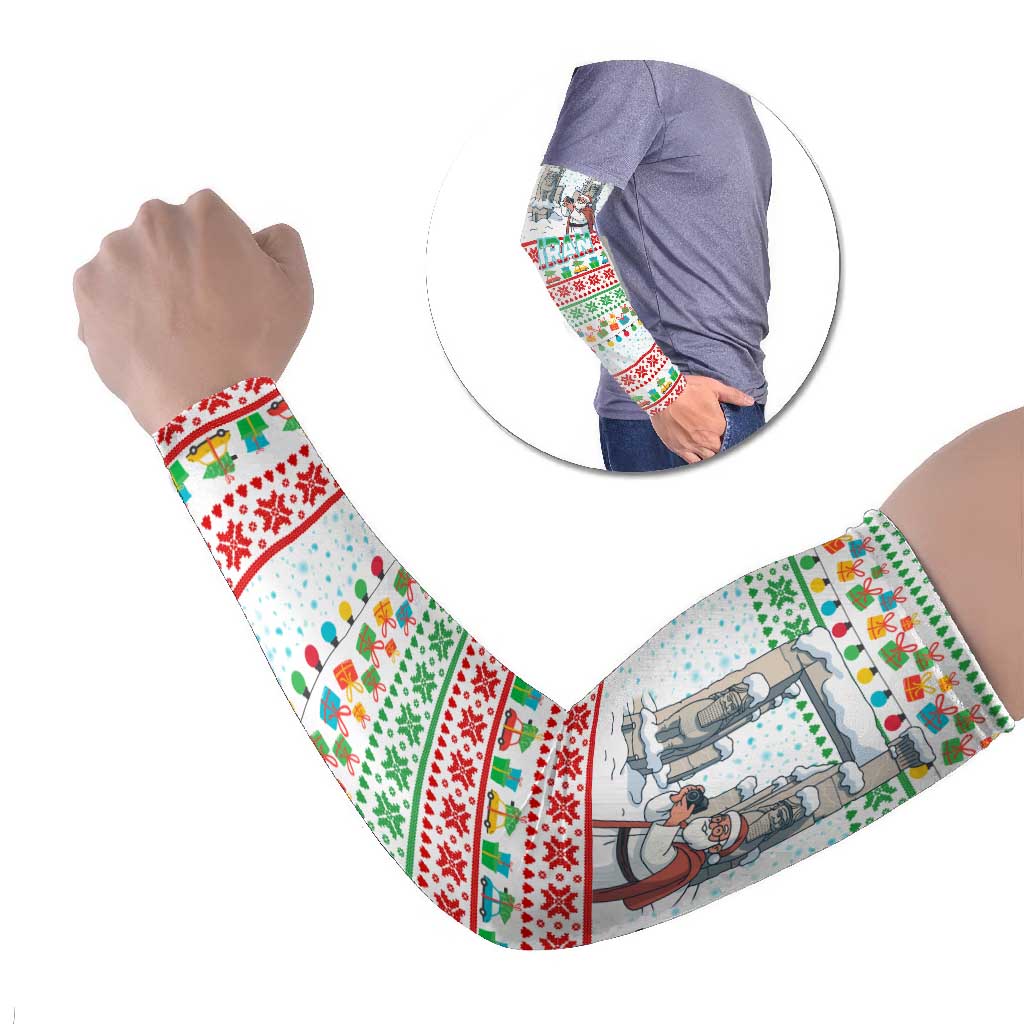 Iran Christmas Arm Sleeves with Santa Taking Photos Ancient Columns and Snowflake Gift Pattern - Wonder Print Shop