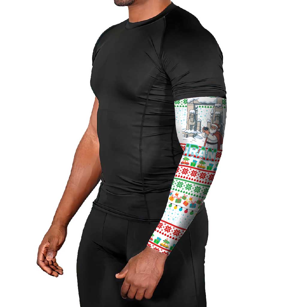 Iran Christmas Arm Sleeves with Santa Taking Photos Ancient Columns and Snowflake Gift Pattern - Wonder Print Shop