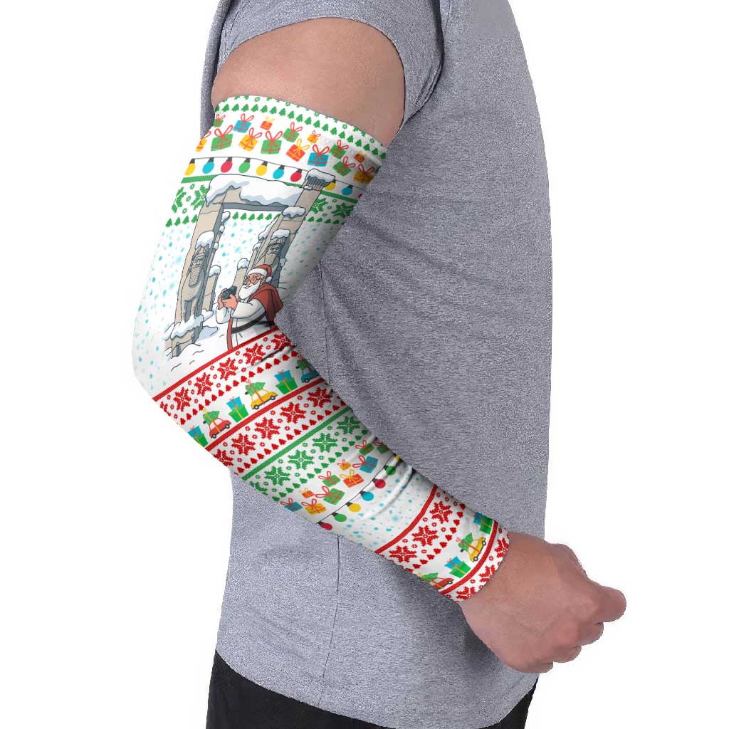 Iran Christmas Arm Sleeves with Santa Taking Photos Ancient Columns and Snowflake Gift Pattern - Wonder Print Shop