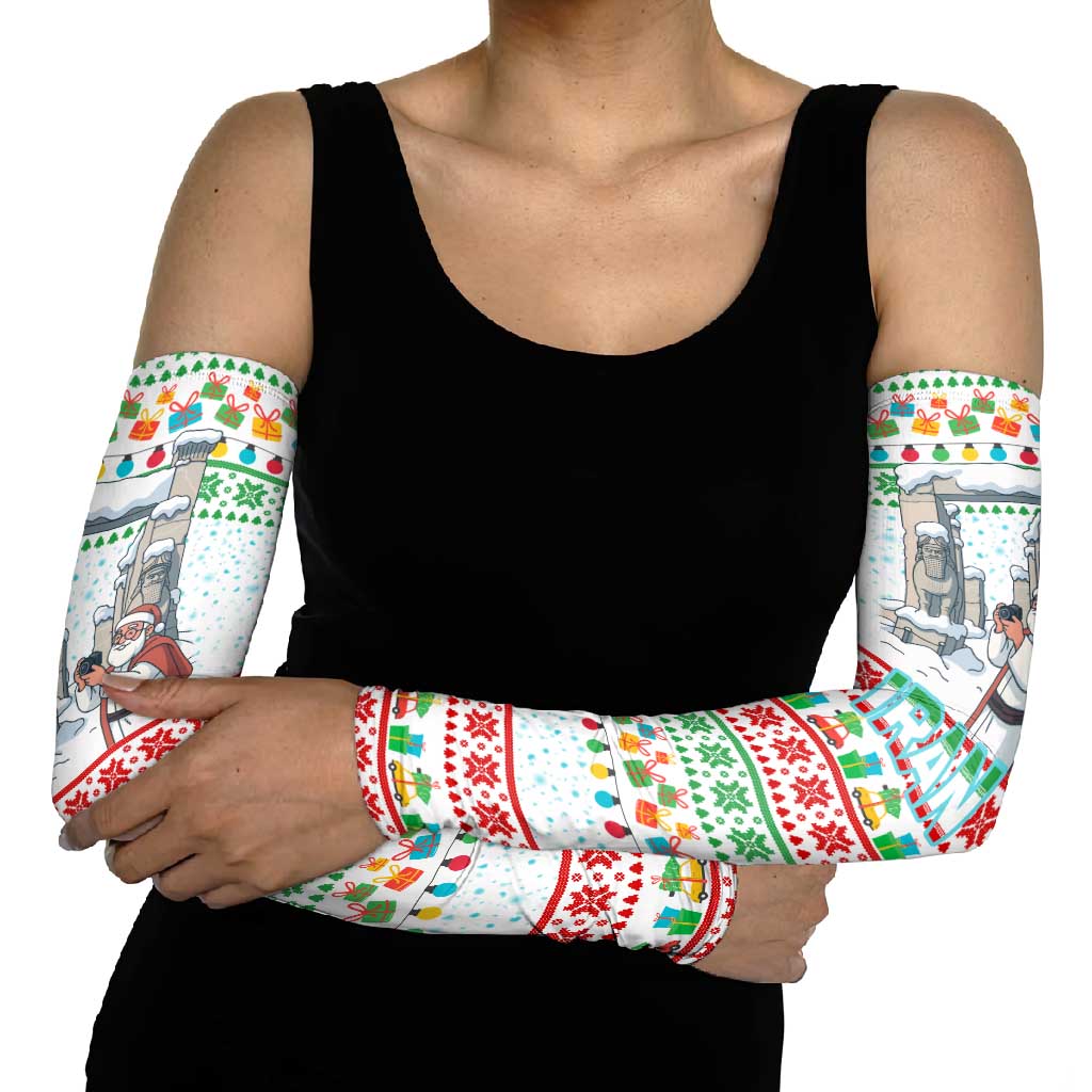 Iran Christmas Arm Sleeves with Santa Taking Photos Ancient Columns and Snowflake Gift Pattern - Wonder Print Shop