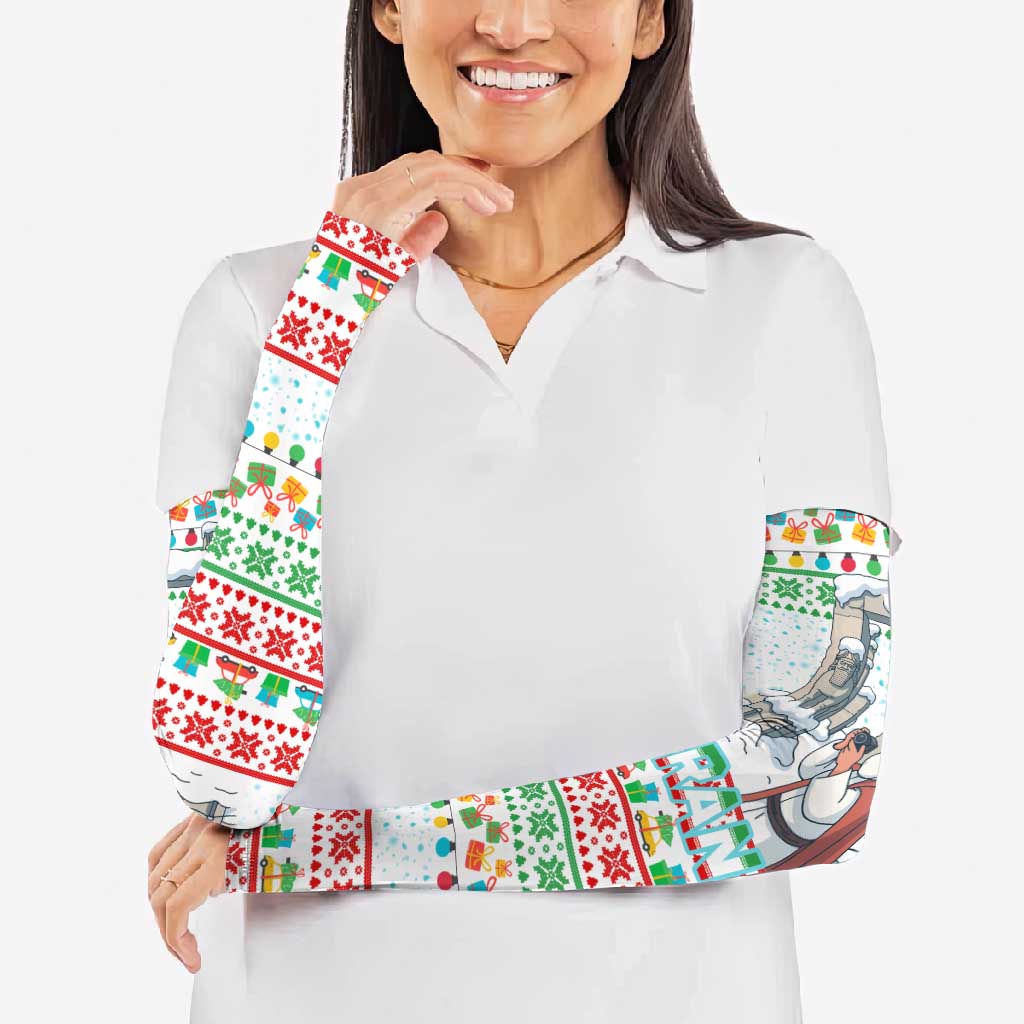 Iran Christmas Arm Sleeves with Santa Taking Photos Ancient Columns and Snowflake Gift Pattern - Wonder Print Shop
