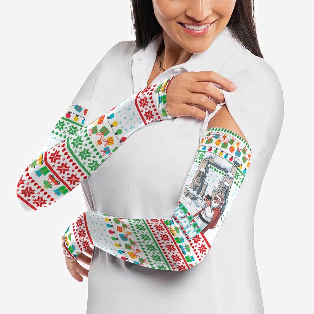 Iran Christmas Arm Sleeves with Santa Taking Photos Ancient Columns and Snowflake Gift Pattern - Wonder Print Shop