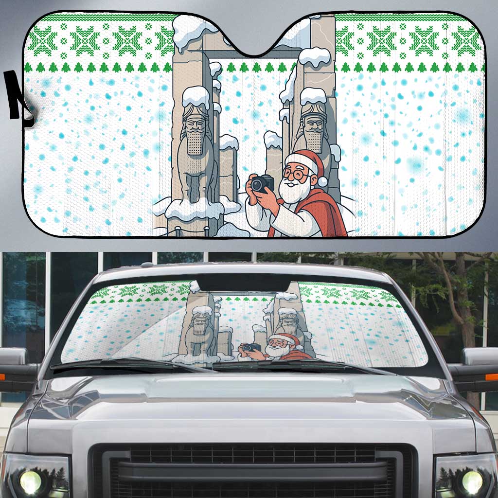 Iran Christmas Auto Sun Shade with Santa Taking Photos Ancient Columns and Snowflake Gift Pattern - Wonder Print Shop