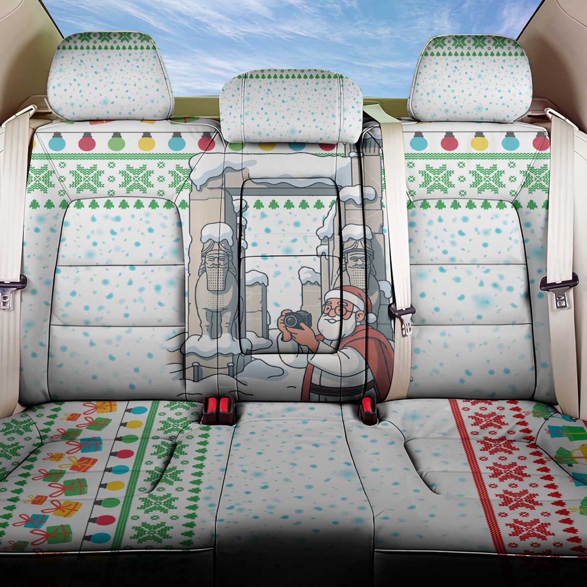 Iran Christmas Back Car Seat Cover with Santa Taking Photos Ancient Columns and Snowflake Gift Pattern - Wonder Print Shop