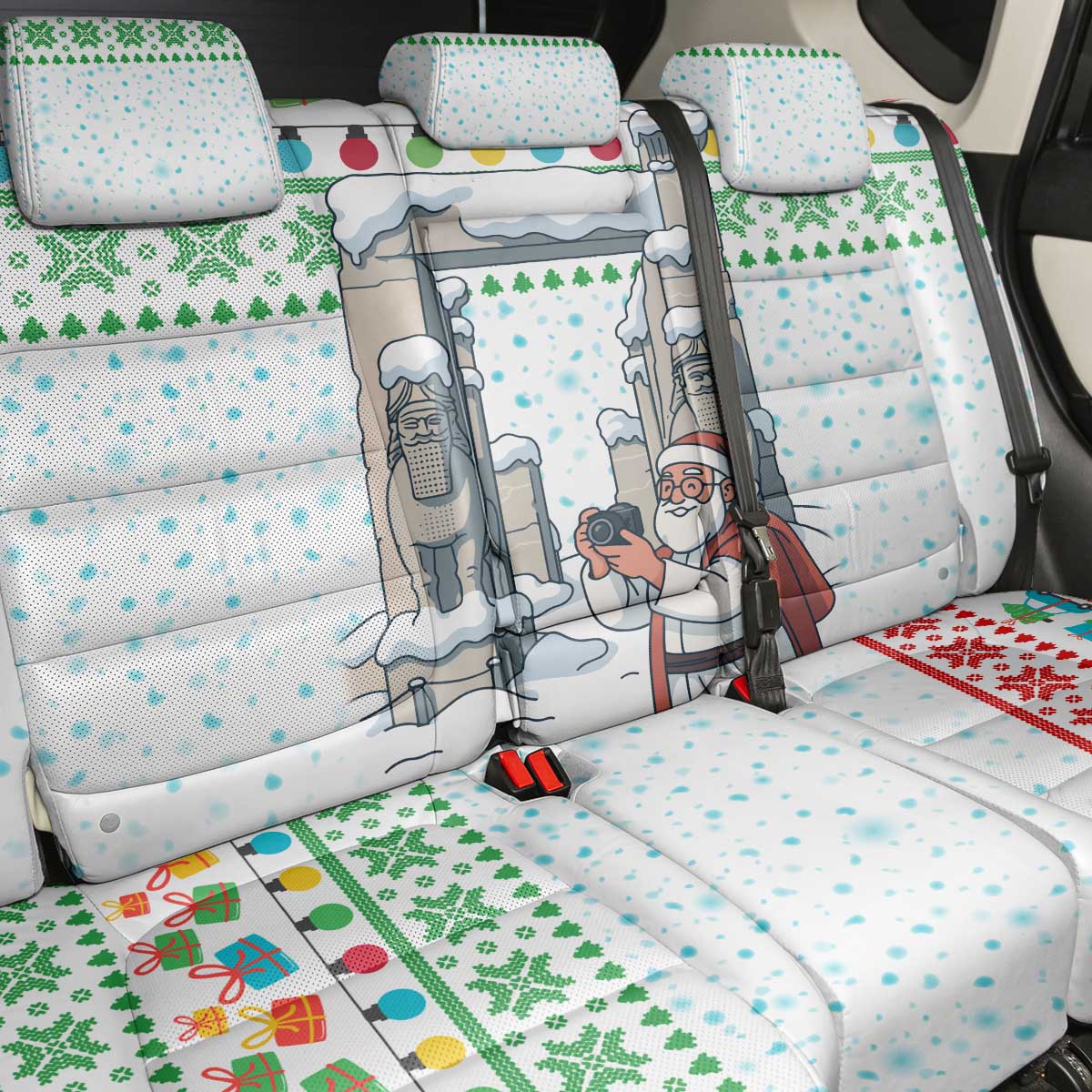 Iran Christmas Back Car Seat Cover with Santa Taking Photos Ancient Columns and Snowflake Gift Pattern - Wonder Print Shop