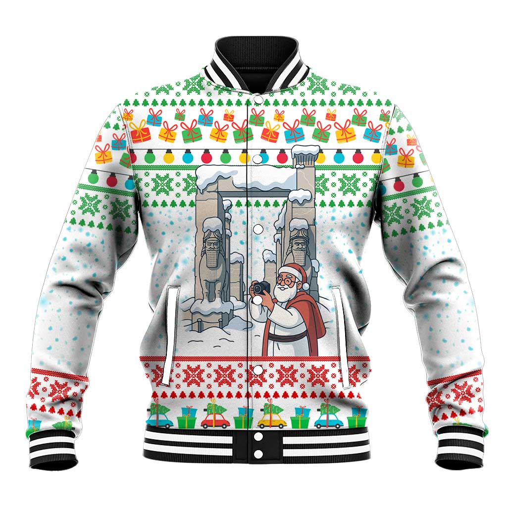 Iran Christmas Baseball Jacket with Santa Taking Photos Ancient Columns and Snowflake Gift Pattern - Wonder Print Shop