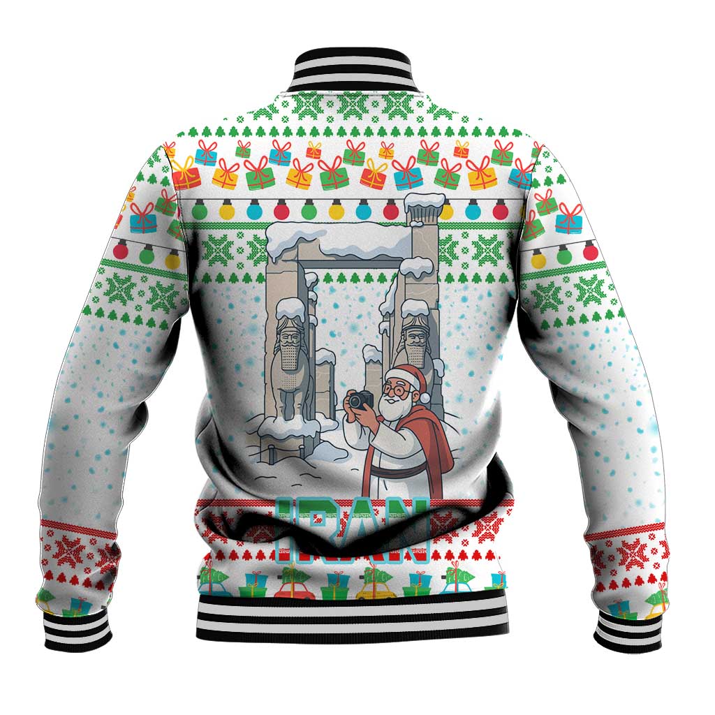 Iran Christmas Baseball Jacket with Santa Taking Photos Ancient Columns and Snowflake Gift Pattern - Wonder Print Shop