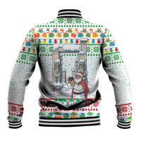 Iran Christmas Baseball Jacket with Santa Taking Photos Ancient Columns and Snowflake Gift Pattern - Wonder Print Shop