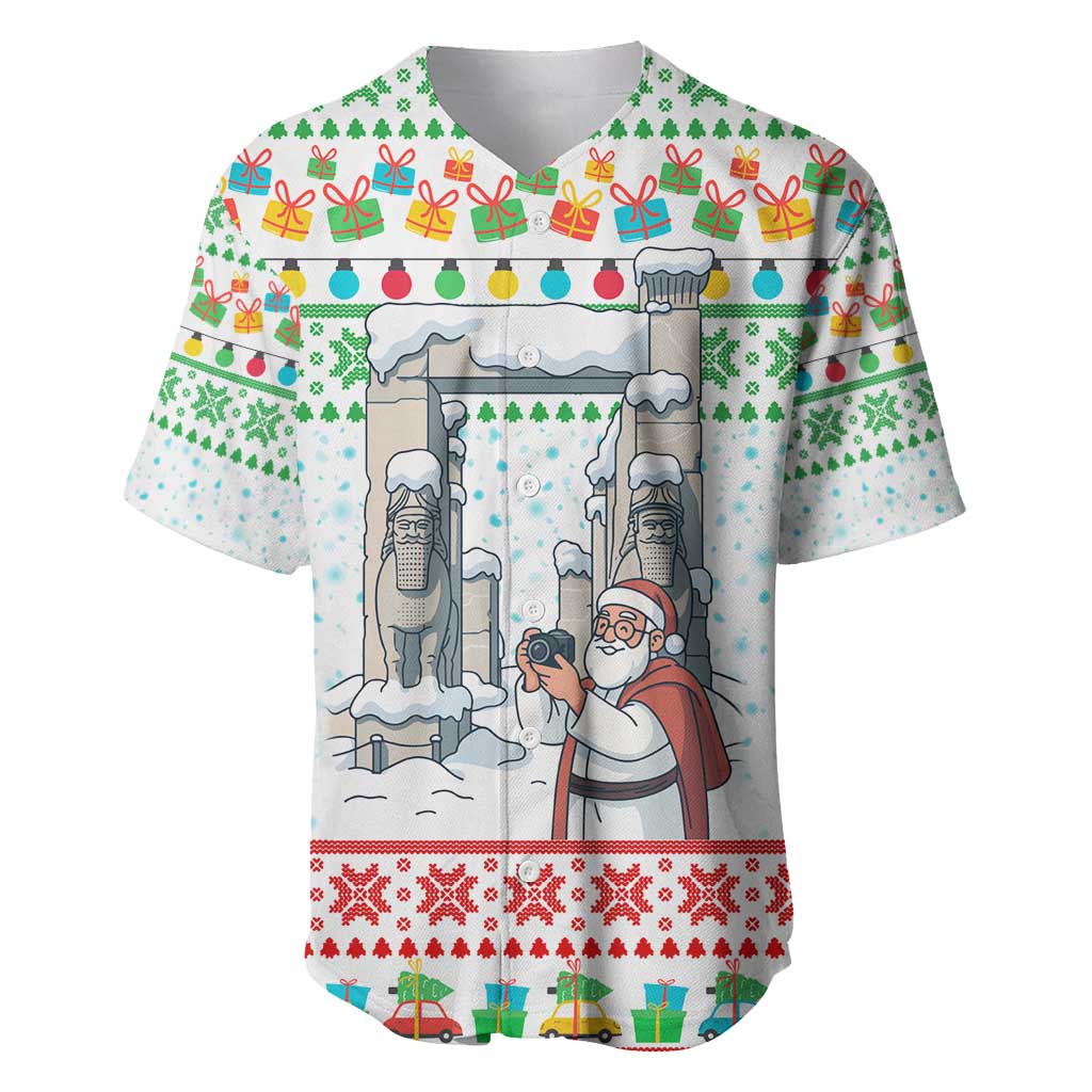 Iran Christmas Baseball Jersey with Santa Taking Photos Ancient Columns and Snowflake Gift Pattern - Wonder Print Shop