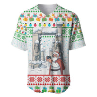Iran Christmas Baseball Jersey with Santa Taking Photos Ancient Columns and Snowflake Gift Pattern - Wonder Print Shop