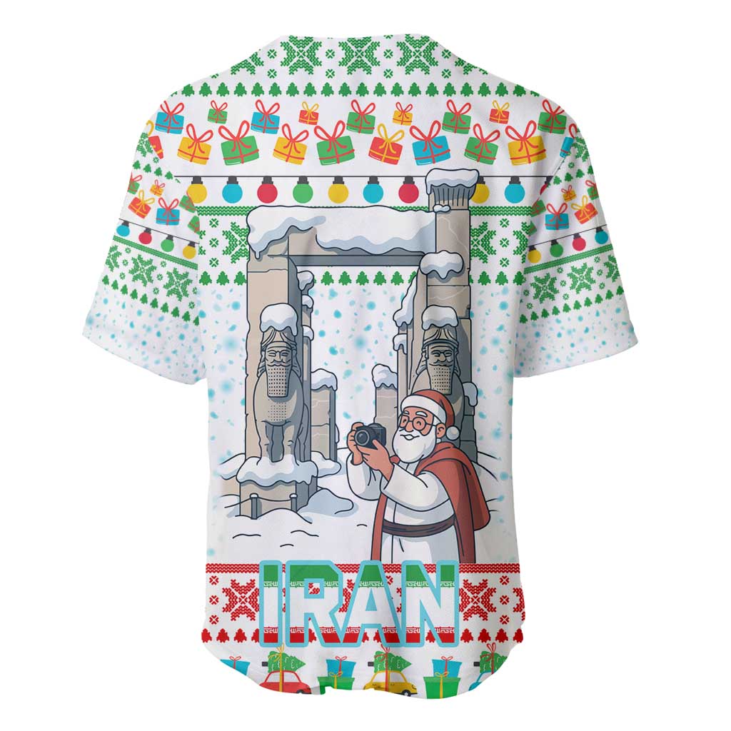 Iran Christmas Baseball Jersey with Santa Taking Photos Ancient Columns and Snowflake Gift Pattern - Wonder Print Shop