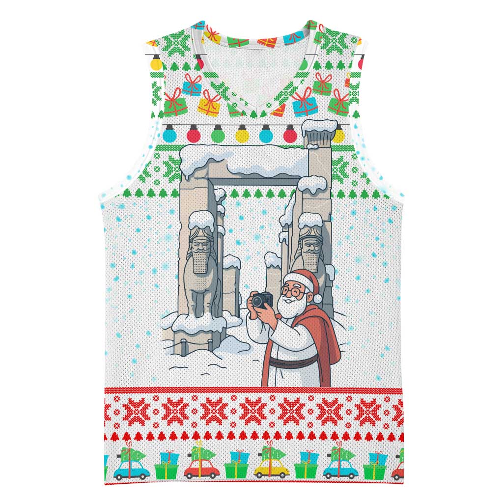Iran Christmas Basketball Jersey with Santa Taking Photos Ancient Columns and Snowflake Gift Pattern - Wonder Print Shop