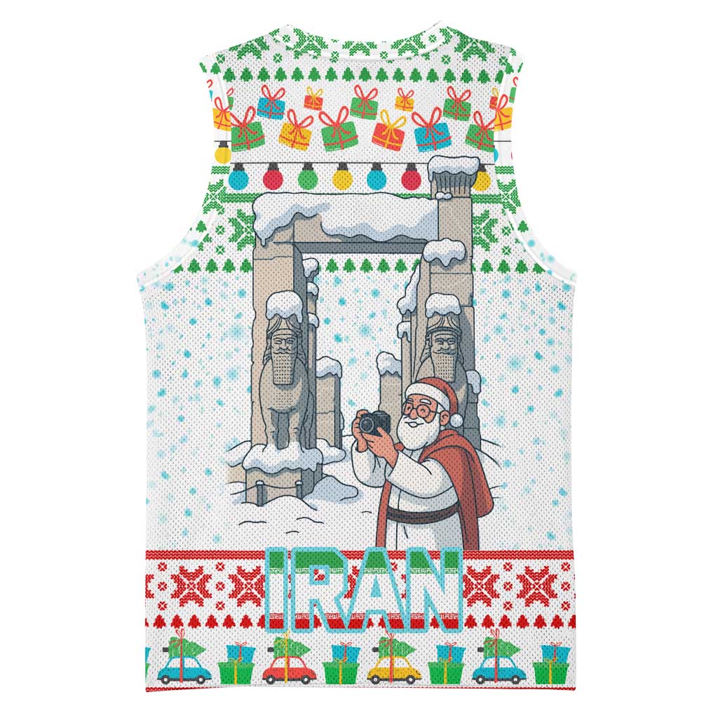 Iran Christmas Basketball Jersey with Santa Taking Photos Ancient Columns and Snowflake Gift Pattern - Wonder Print Shop