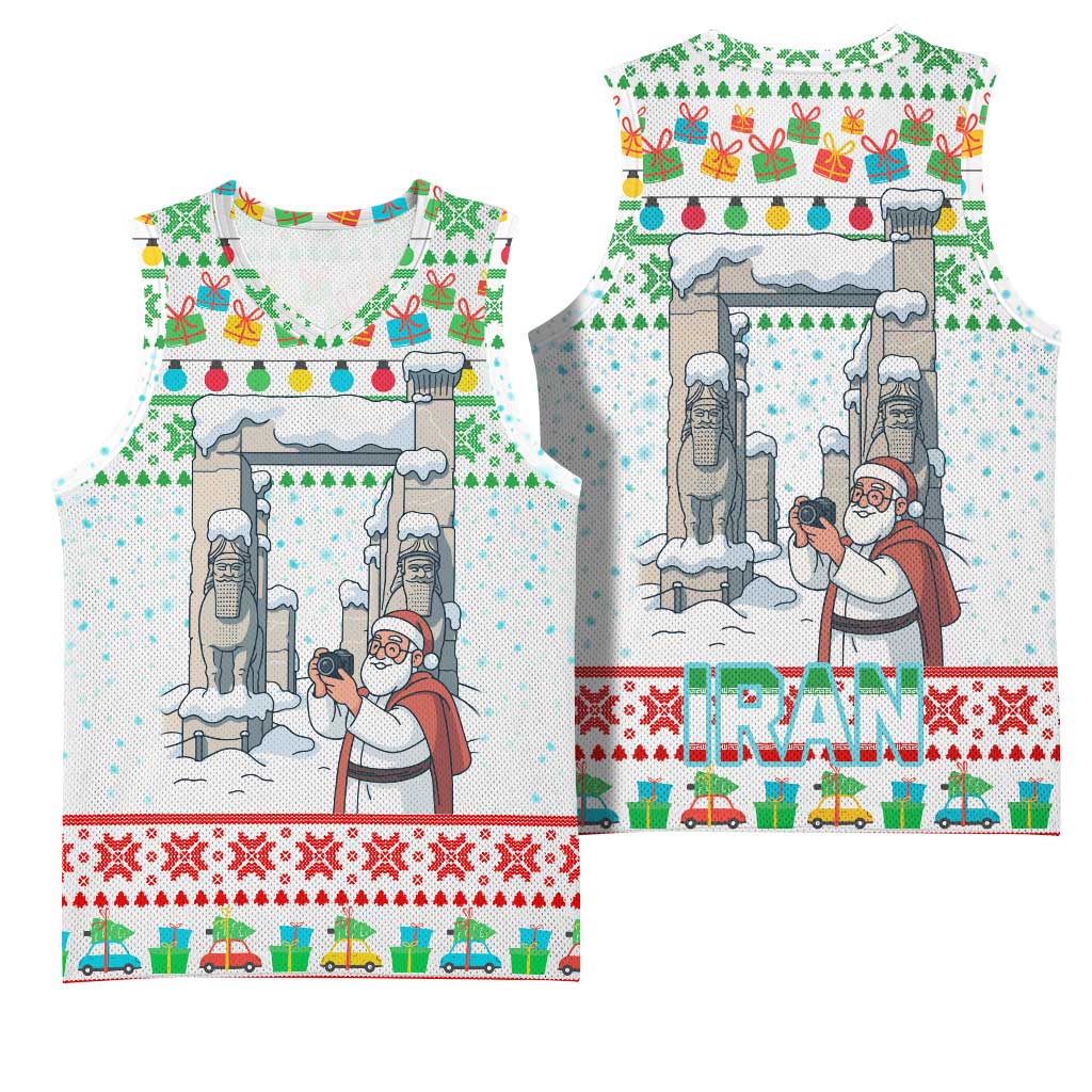 Iran Christmas Basketball Jersey with Santa Taking Photos Ancient Columns and Snowflake Gift Pattern - Wonder Print Shop