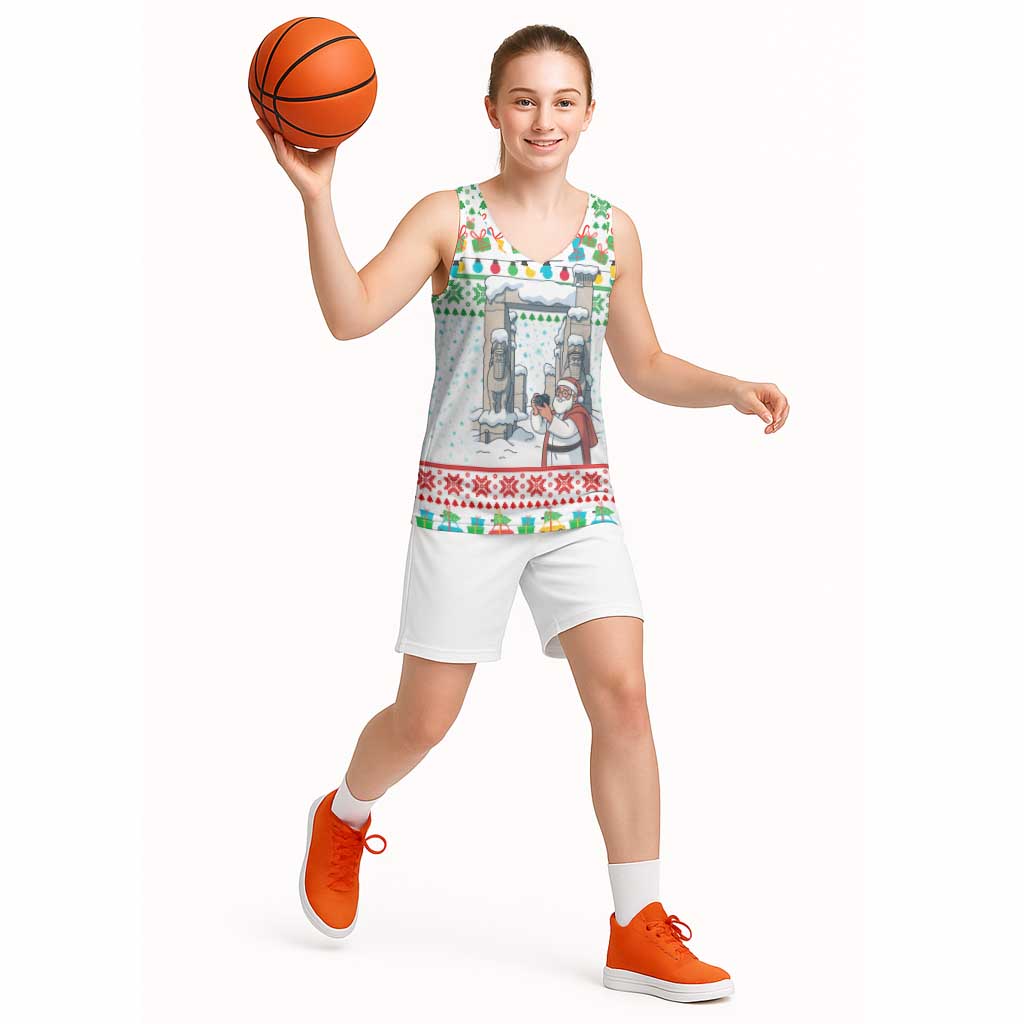 Iran Christmas Basketball Jersey with Santa Taking Photos Ancient Columns and Snowflake Gift Pattern - Wonder Print Shop