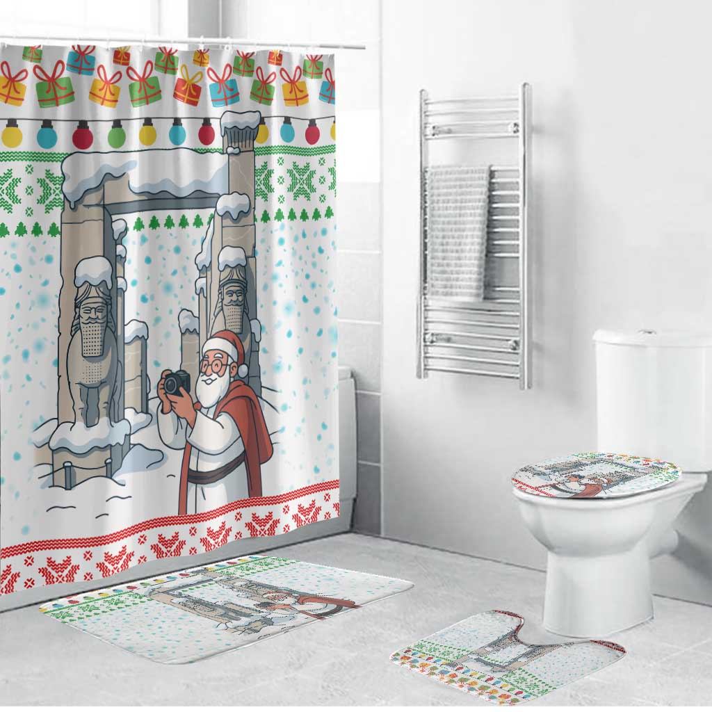 Iran Christmas Bathroom Set with Santa Taking Photos Ancient Columns and Snowflake Gift Pattern - Wonder Print Shop
