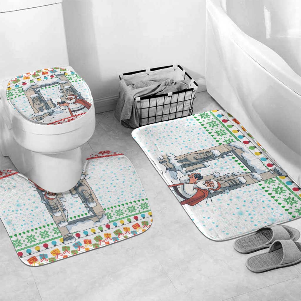 Iran Christmas Bathroom Set with Santa Taking Photos Ancient Columns and Snowflake Gift Pattern - Wonder Print Shop