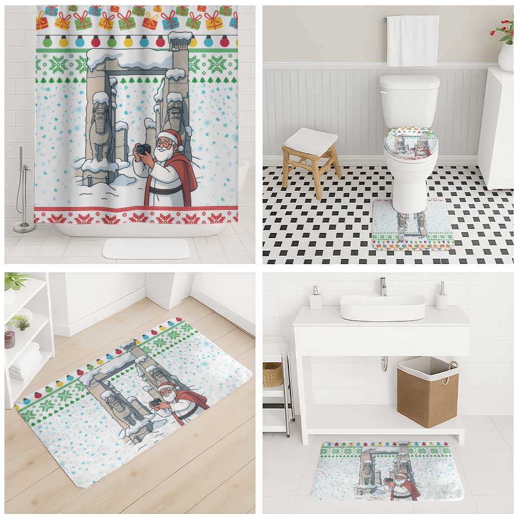 Iran Christmas Bathroom Set with Santa Taking Photos Ancient Columns and Snowflake Gift Pattern - Wonder Print Shop