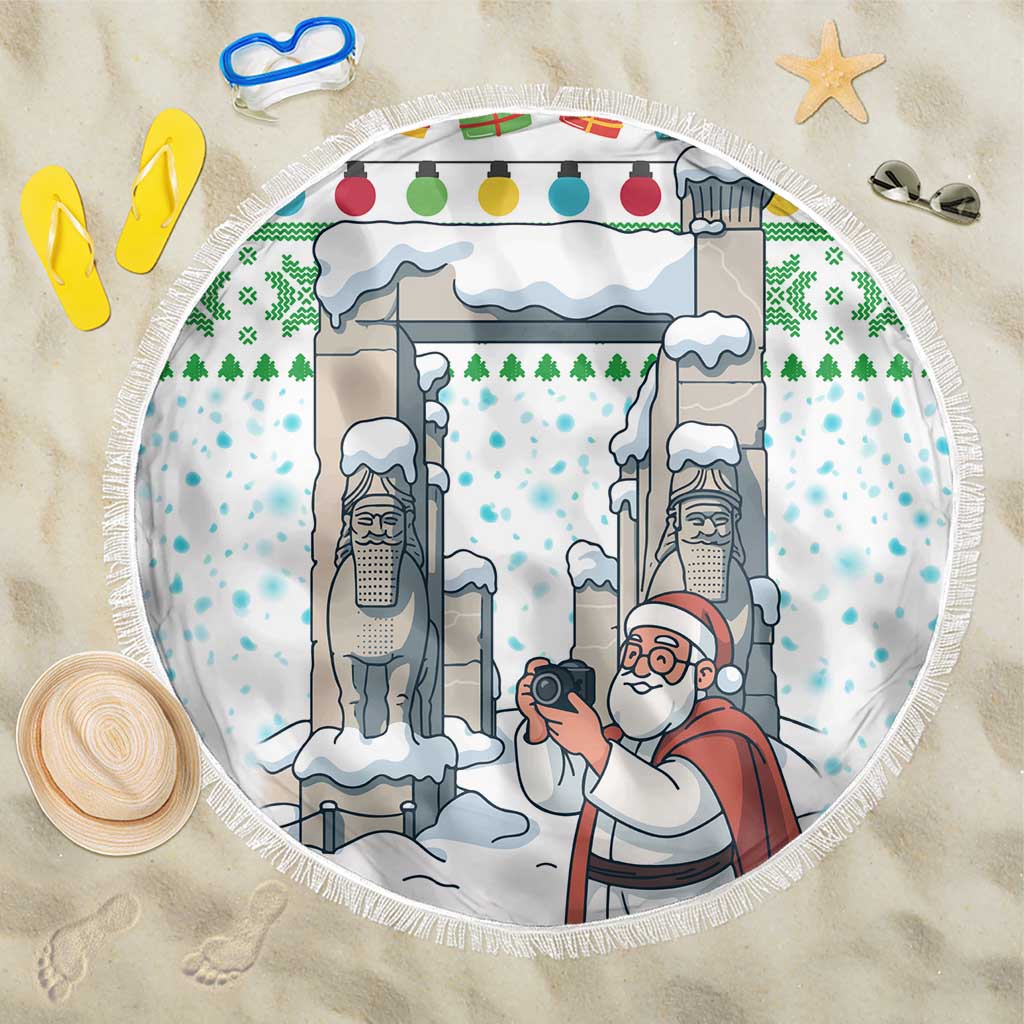 Iran Christmas Beach Blanket with Santa Taking Photos Ancient Columns and Snowflake Gift Pattern - Wonder Print Shop
