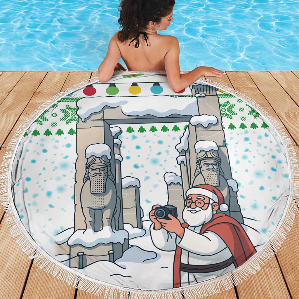 Iran Christmas Beach Blanket with Santa Taking Photos Ancient Columns and Snowflake Gift Pattern - Wonder Print Shop