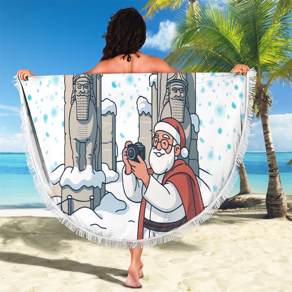 Iran Christmas Beach Blanket with Santa Taking Photos Ancient Columns and Snowflake Gift Pattern - Wonder Print Shop