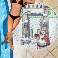 Iran Christmas Beach Blanket with Santa Taking Photos Ancient Columns and Snowflake Gift Pattern - Wonder Print Shop