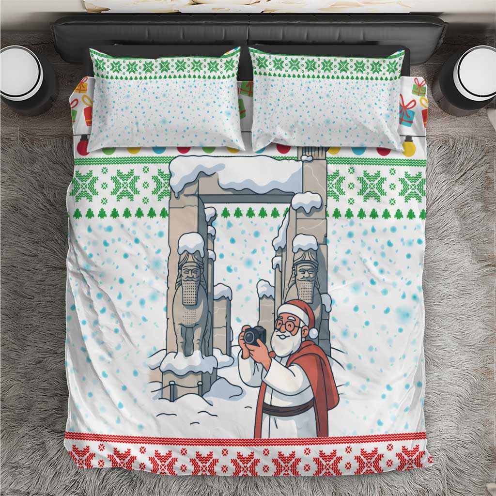 Iran Christmas Bedding Set with Santa Taking Photos Ancient Columns and Snowflake Gift Pattern - Wonder Print Shop