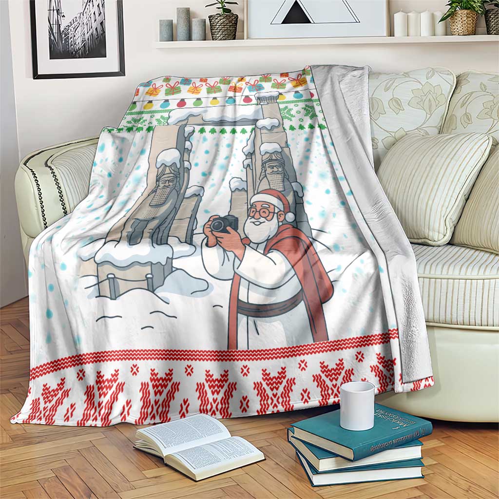 Iran Christmas Blanket with Santa Taking Photos Ancient Columns and Snowflake Gift Pattern - Wonder Print Shop