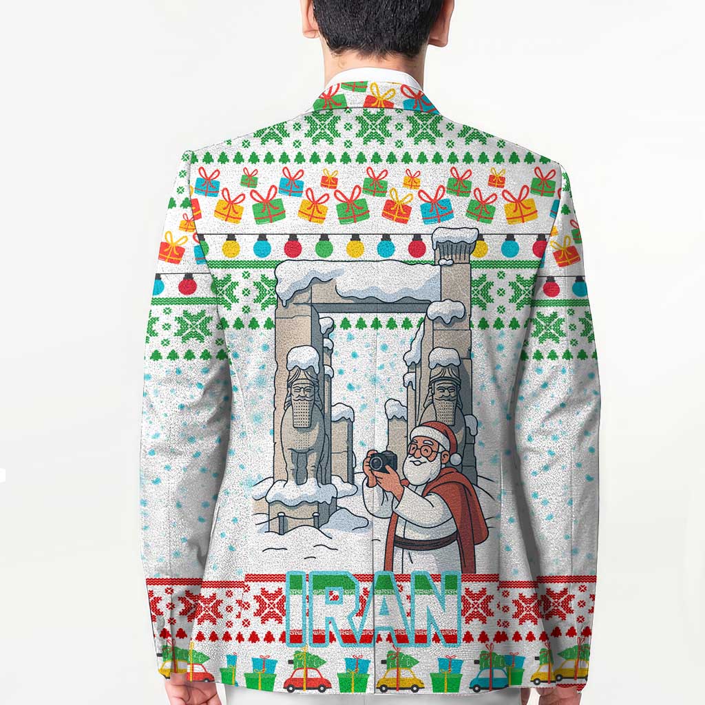 Iran Christmas Blazer with Santa Taking Photos Ancient Columns and Snowflake Gift Pattern - Wonder Print Shop