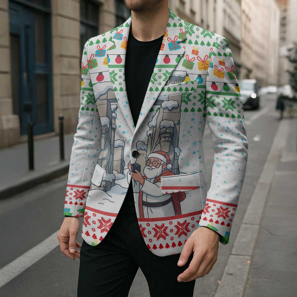Iran Christmas Blazer with Santa Taking Photos Ancient Columns and Snowflake Gift Pattern - Wonder Print Shop