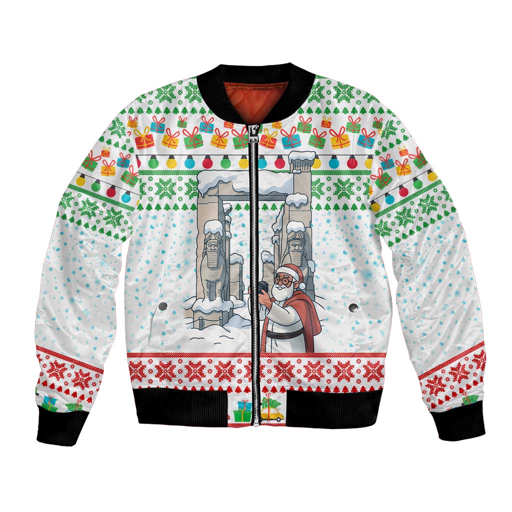 Iran Christmas Bomber Jacket with Santa Taking Photos Ancient Columns and Snowflake Gift Pattern - Wonder Print Shop